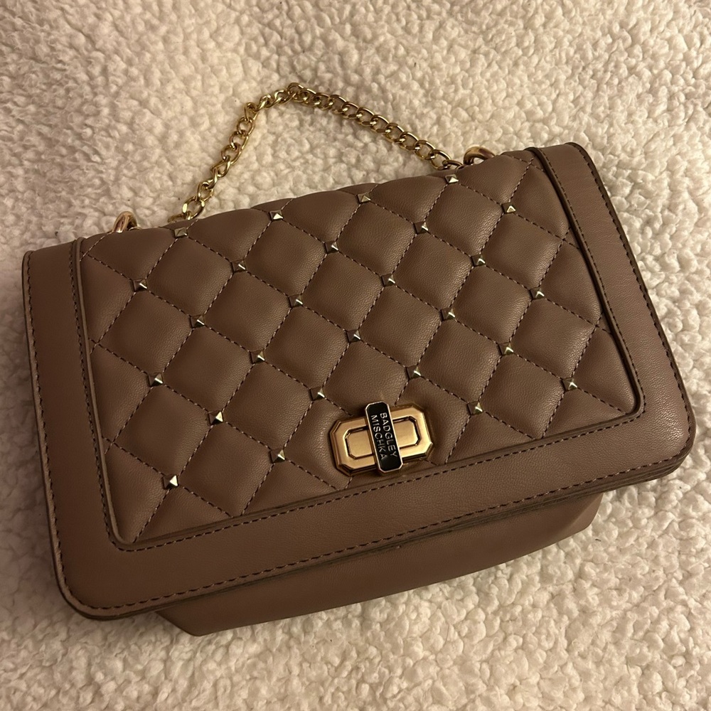 Badgley Mischka Brown Quilted Leather Studded Crossbody Bag with Gold Chain EUC